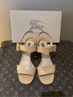 Prada  Beige Patent Leather Block Heel Sandals